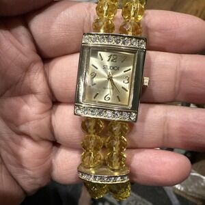 Works Studio Time Ladies Gold Tone Dial Crystal Yellow Beaded Bracelet Watch 6.5